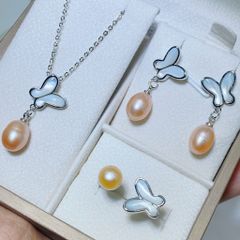 Bộ Set Ngọc Trai Vòng cổ + Nhẫn + Bông Tai Bộ Trang Sức Ngọc Trai Tự Nhiên Bướm Trắng Xinh Xắn MADAME HIEN PEARLS SPS079