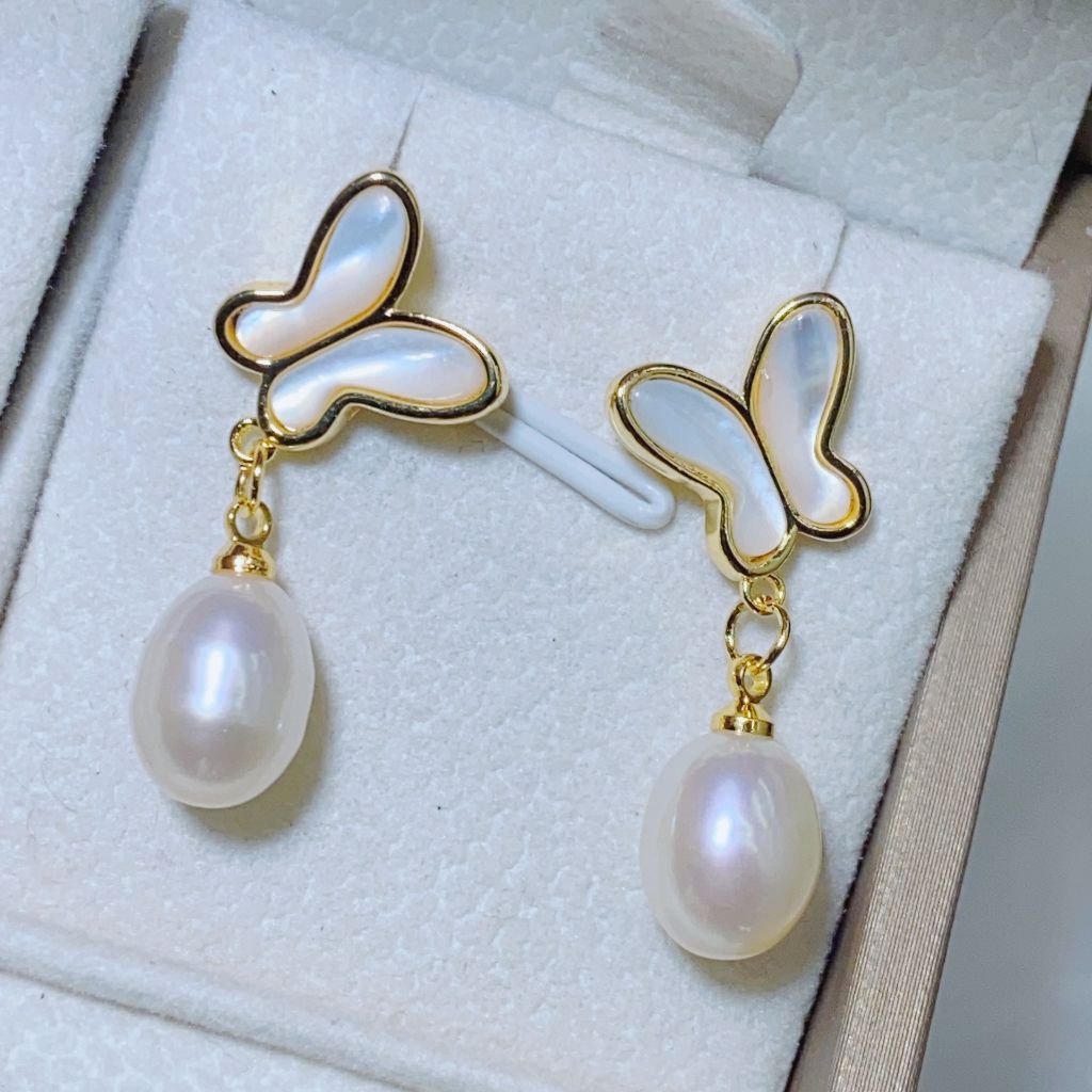 Bộ Set Ngọc Trai Vòng cổ + Nhẫn + Bông Tai Bộ Trang Sức Ngọc Trai Tự Nhiên Bướm Trắng Xinh Xắn MADAME HIEN PEARLS SPS079