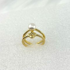 Nhẫn Ngọc Trai Tự Nhiên Vòng Đôi Mặt Ngọc Trai Tự Nhiên Điểm Hoa 4 Cánh Mini Xinh Xắn MADAME HIEN PEARLS Cho Nữ NN095