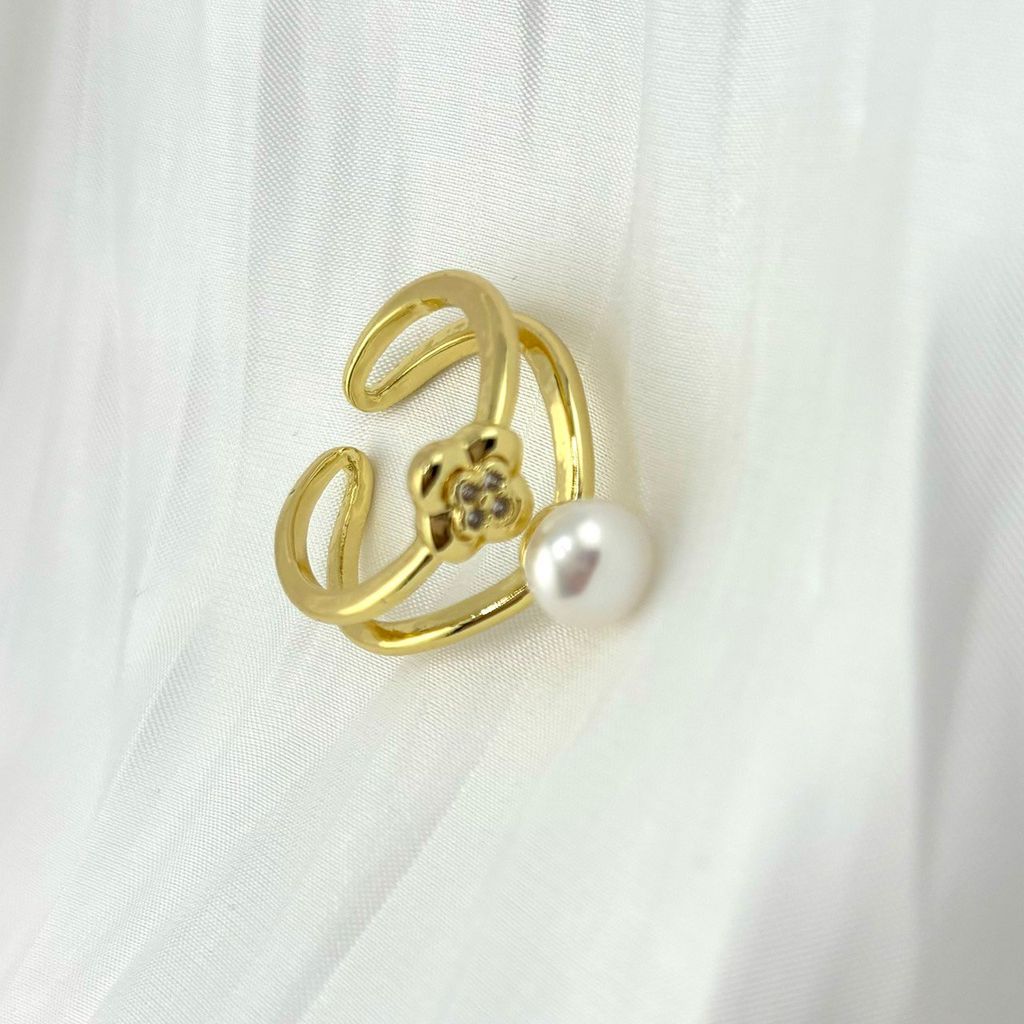 Nhẫn Ngọc Trai Tự Nhiên Vòng Đôi Mặt Ngọc Trai Tự Nhiên Điểm Hoa 4 Cánh Mini Xinh Xắn MADAME HIEN PEARLS Cho Nữ NN095