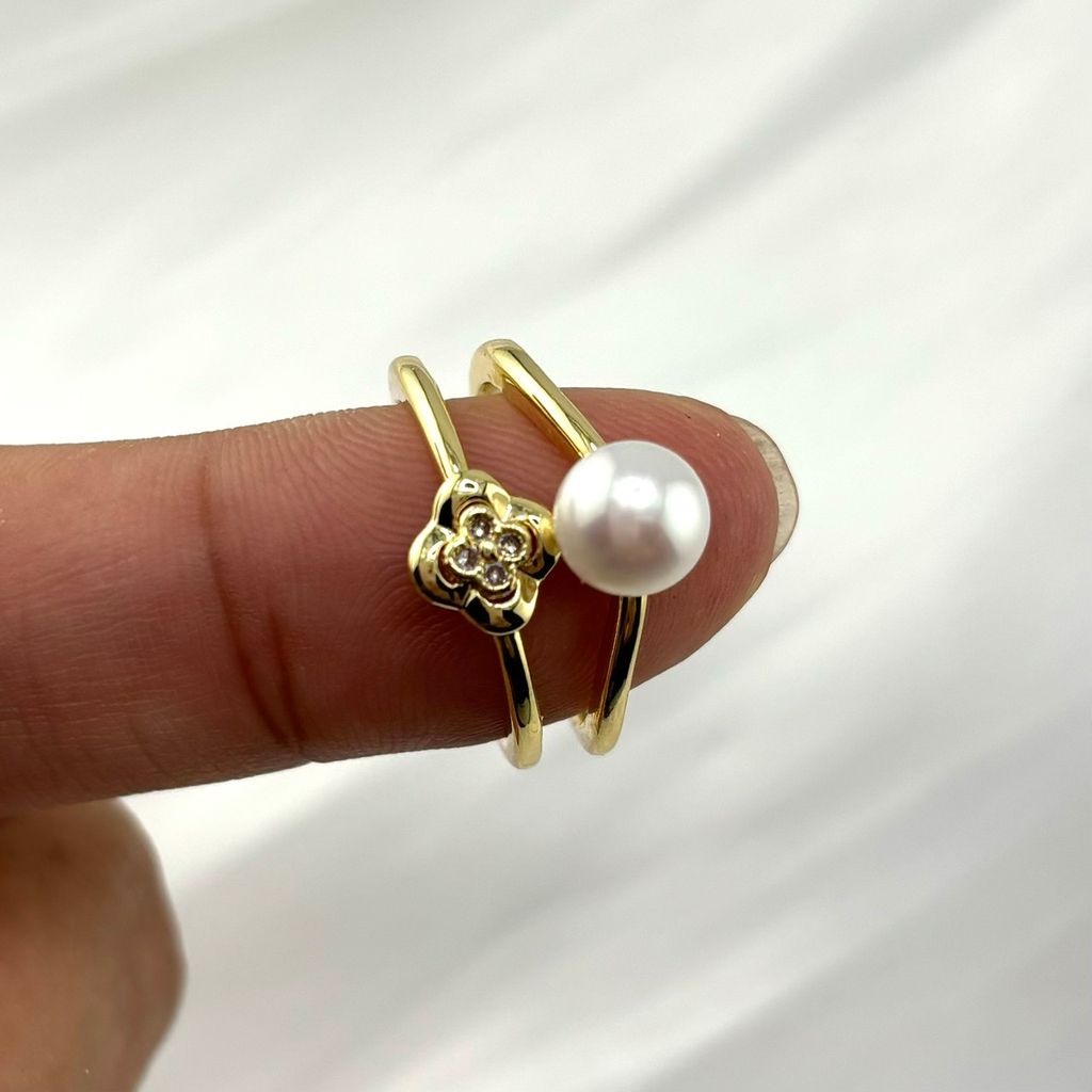 Nhẫn Ngọc Trai Tự Nhiên Vòng Đôi Mặt Ngọc Trai Tự Nhiên Điểm Hoa 4 Cánh Mini Xinh Xắn MADAME HIEN PEARLS Cho Nữ NN095