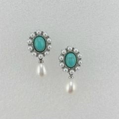 Bông Tai Ngọc Trai Tự Nhiên Mặt Turquoise Cổ Điển Viền Ngọc Trai Phong Cách Phương Đông Đính Tua Rua Hạt Ngọc Trai Giọt Nước Tự Nhiên MADAME HIEN PEARLS BTG091