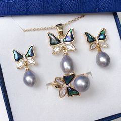Bộ Set Bạc Vòng cổ, Nhẫn và Bông Tai Dáng Bướm Đính Ngọc Trai Tự Nhiên MADAME HIEN PEARLS SPS013