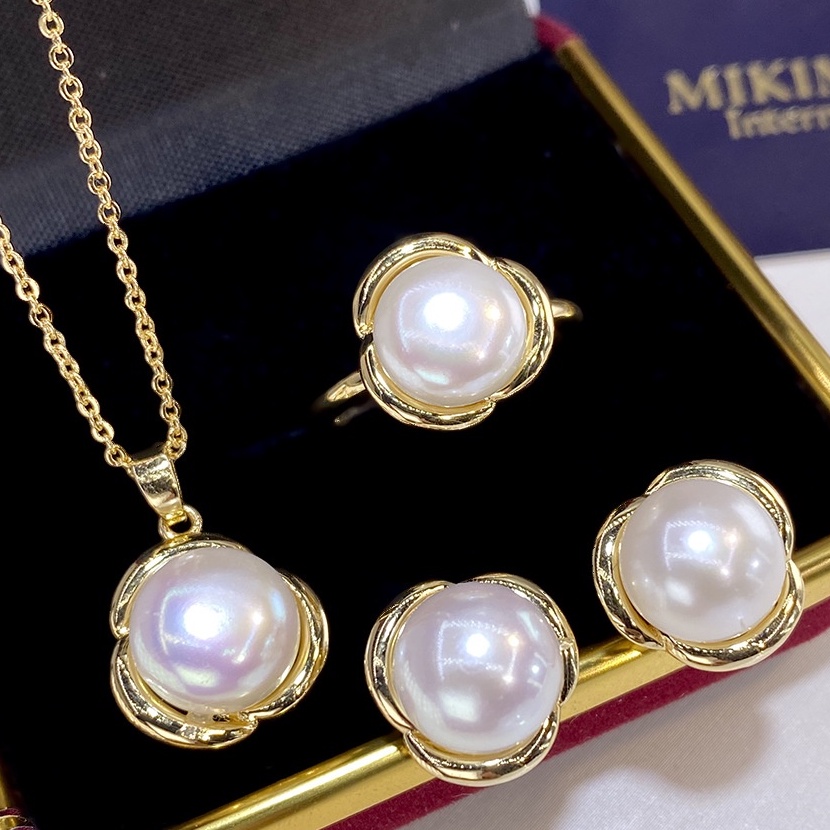 Bộ Set Ngọc Trai Dây chuyền + Nhẫn + Bông Tai Dáng Hoa 3 Cánh đáng yêu SPS021