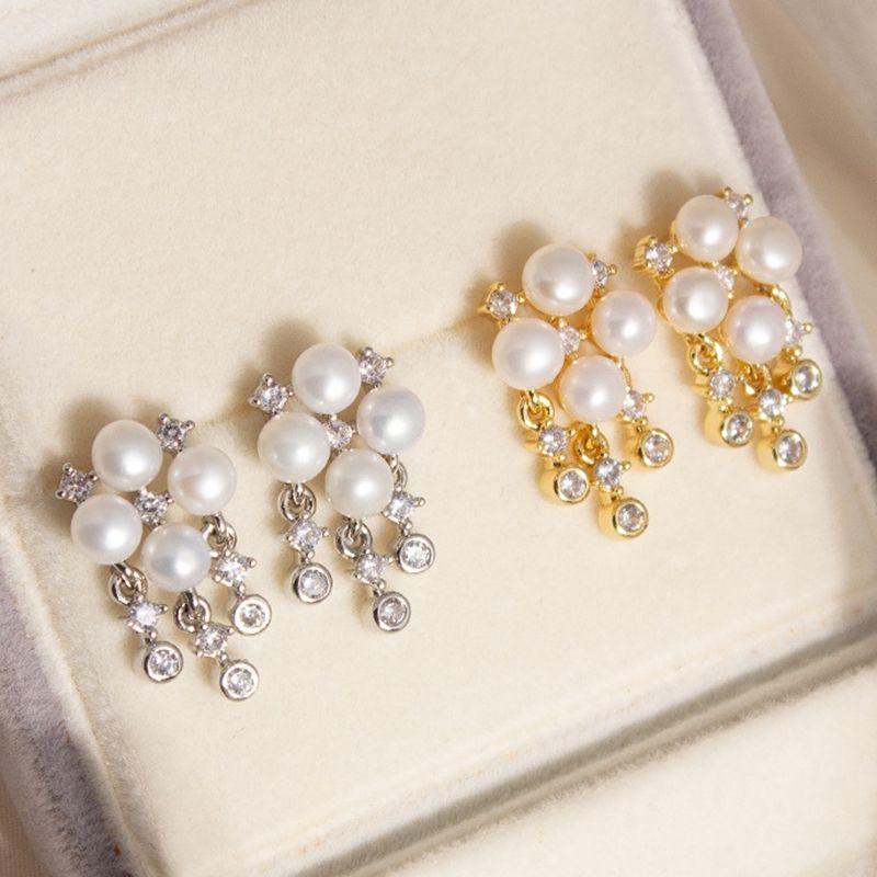 Bông Tai Kim Bạc s925 Mặt Hoa 4 Hạt Trai Tua Rua Hạt Kim Cương Sang Trọng MADAME HIEN PEARLS BTN160