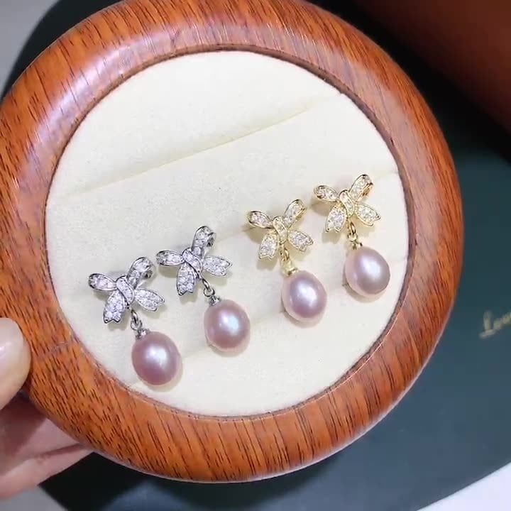 Bông Tai Ngọc Trai Nơ Đá Zircon Tua Rua Hạt Ngọc Trai Giọt Nước Tự Nhiên MADAME HIEN PEARLS BTG090