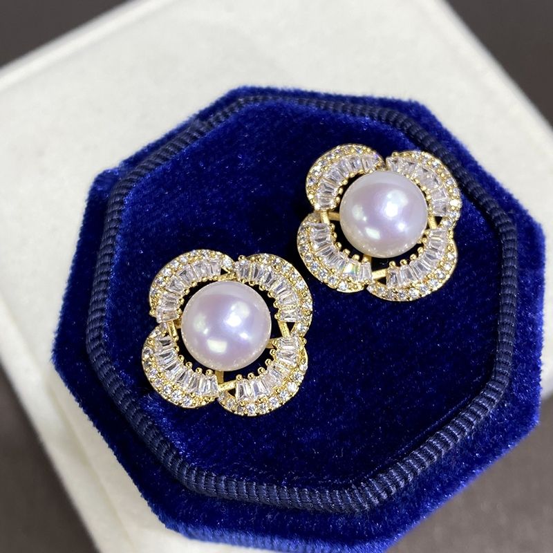 Bông Tai Ngọc Trai Tự Nhiên Hoa 4 Cánh Đính Đá Quý Bông Tai Kim Bạc s925 MADAME HIEN PEARLS