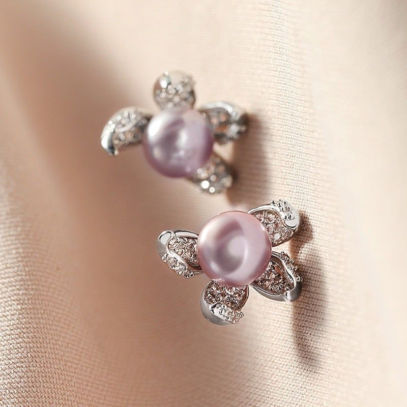 Bông Tai Ngọc Trai Tự Nhiên Khuôn Bạc Hoa 4 Cánh Hoa Bất Xứng Sang Trọng MADAME HIEN PEARLS Cho Nữ BTN096