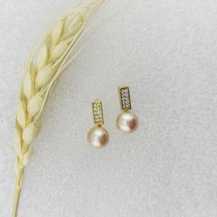 Bông Tai Ngọc Trai Tự Nhiên Mặt Thanh Đơn Giản Đính 10 Hạt Đá Quý MADAME HIEN PEARLS BTN134