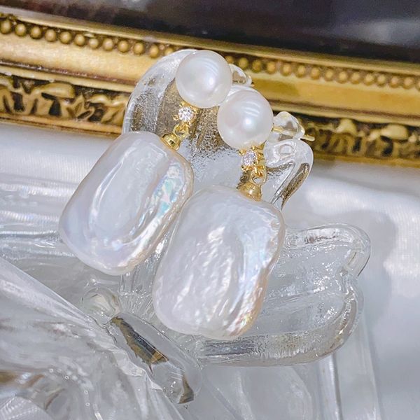 Bông tai Ngọc Trai Tua Rua Hạt Baroque Tự Nhiên Hình Học Chữ Nhật Mặt Nụ MADAME HIEN PEARLS BTB065