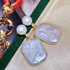 Bông tai Ngọc Trai Tua Rua Hạt Baroque Tự Nhiên Hình Học Chữ Nhật Mặt Nụ MADAME HIEN PEARLS BTB065