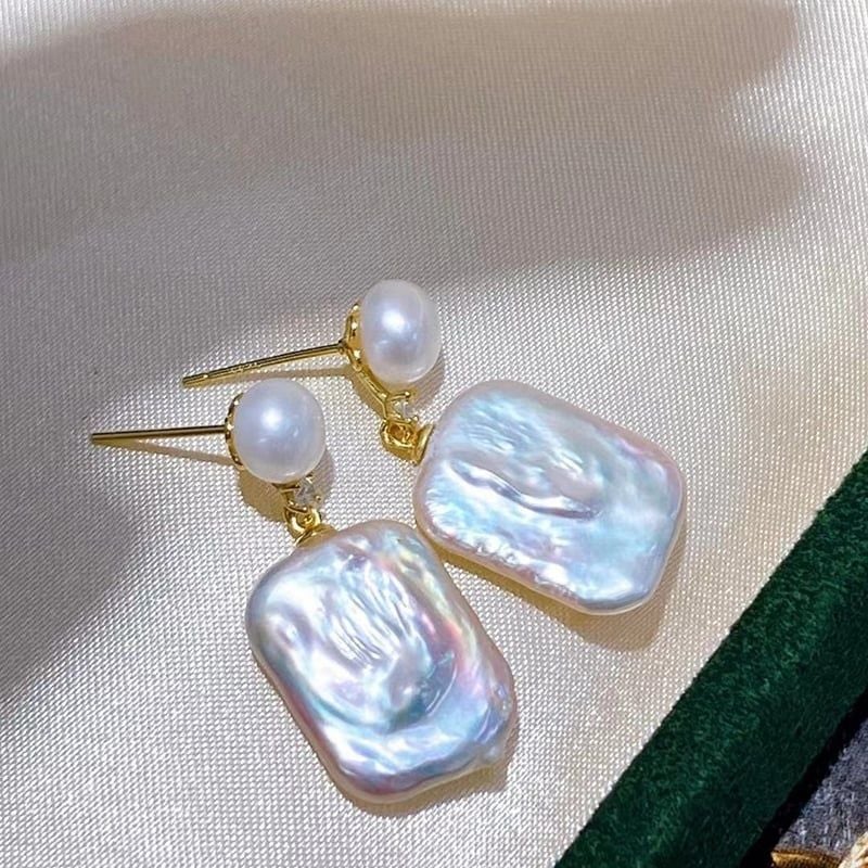 Bông tai Ngọc Trai Tua Rua Hạt Baroque Tự Nhiên Hình Học Chữ Nhật Mặt Nụ MADAME HIEN PEARLS BTB065
