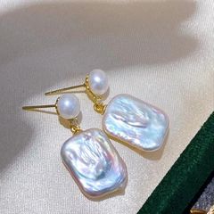 Bông tai Ngọc Trai Tua Rua Hạt Baroque Tự Nhiên Hình Học Chữ Nhật Mặt Nụ MADAME HIEN PEARLS BTB065
