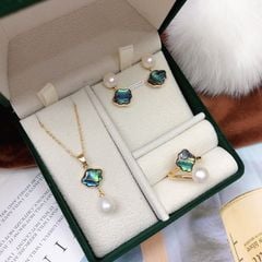 Bộ Set Ngọc Trai Vòng cổ, Nhẫn, Bông Tai Set Khuyên Tai Vỏ Trai Đính Ngọc Trai Tự Nhiên Vỏ Sò Xanh Xà Cừ SPS007B