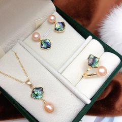 Bộ Set Ngọc Trai Vòng cổ, Nhẫn, Bông Tai Set Khuyên Tai Vỏ Trai Đính Ngọc Trai Tự Nhiên Vỏ Sò Xanh Xà Cừ SPS007B