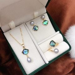 Bộ Set Ngọc Trai Vòng cổ, Nhẫn, Bông Tai Set Khuyên Tai Vỏ Trai Đính Ngọc Trai Tự Nhiên Vỏ Sò Xanh Xà Cừ SPS007B