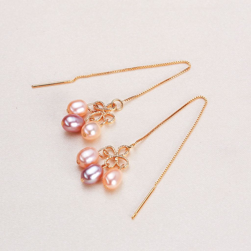 Bông Tai Tua Rua Dài Đính 3 Viên Ngọc Trai Giọt Nước Tự Nhiên Sang Trọng MADAME HIEN PEARLS BTG156