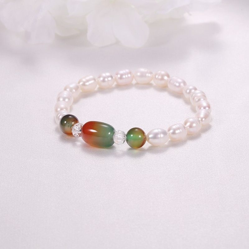 Vòng Tay Ngọc Trai Dáng Gạo Mặt Phối Đá Cẩm Thạch Phong Thuỷ Và Pha Lê MADAME HIEN PEARL VTG041