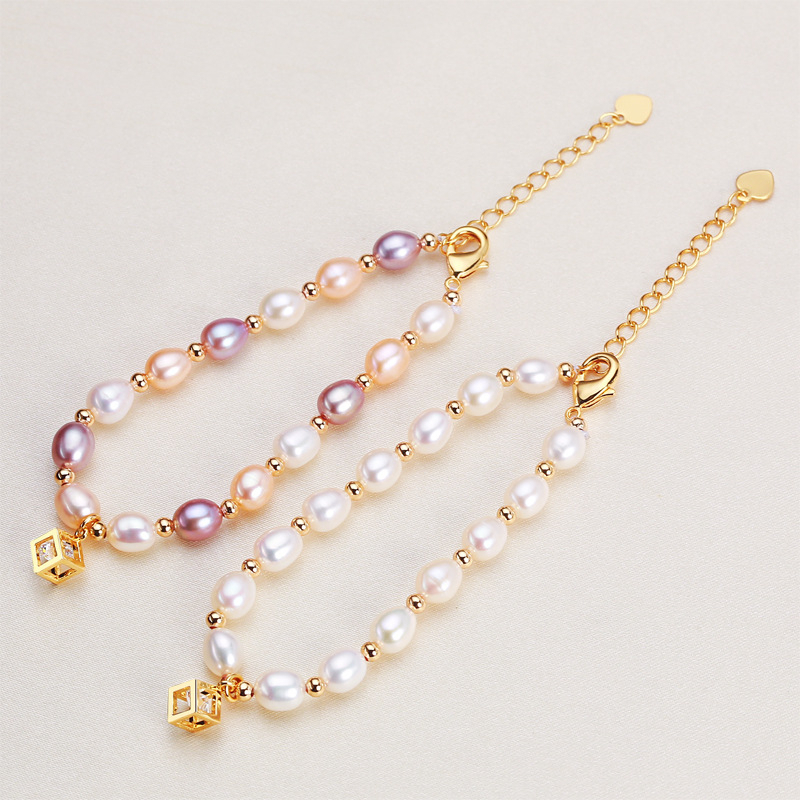 Vòng Tay Ngọc Trai Tự Nhiên Mặt Hình Khối Lập Phương Lồng Viên Đá Zircon MADAME HIEN PEARLS Cho Nữ VTG039M