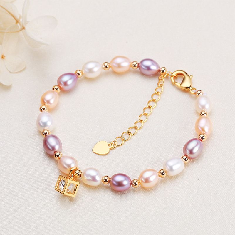 Vòng Tay Ngọc Trai Tự Nhiên Mặt Hình Khối Lập Phương Lồng Viên Đá Zircon MADAME HIEN PEARLS Cho Nữ VTG039M
