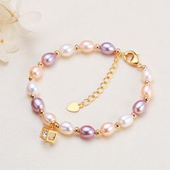 Vòng Tay Ngọc Trai Tự Nhiên Mặt Hình Khối Lập Phương Lồng Viên Đá Zircon MADAME HIEN PEARLS Cho Nữ VTG039M