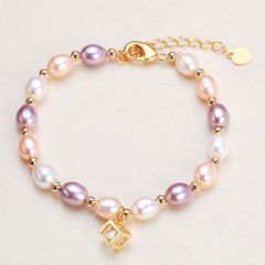 Vòng Tay Ngọc Trai Tự Nhiên Mặt Hình Khối Lập Phương Lồng Viên Đá Zircon MADAME HIEN PEARLS Cho Nữ VTG039M