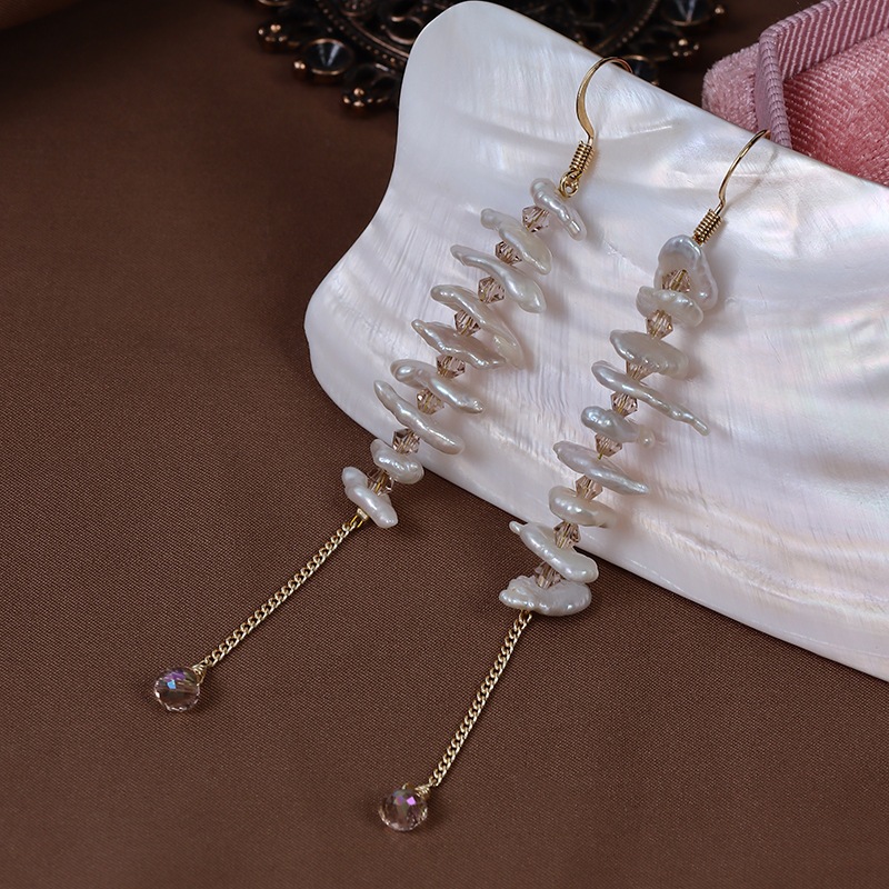 Designer Jewelry Bông Tai Thiết Kế Ngọc Trai Dị Keshi Tự Nhiên Tua Rua Dài Phối Thạch Anh Tím MADAME HIEN PEARLS BTB051