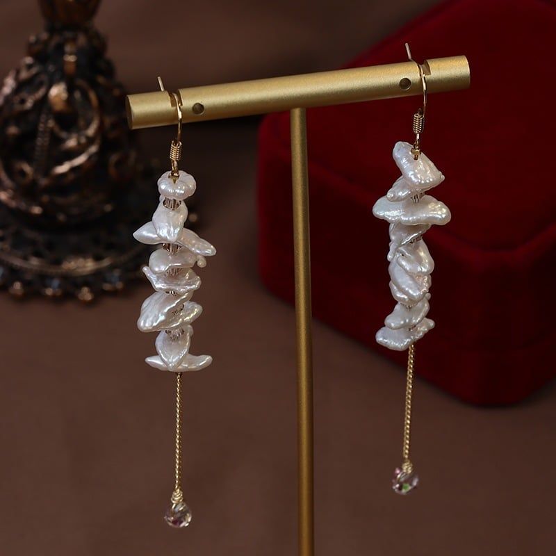 Designer Jewelry Bông Tai Thiết Kế Ngọc Trai Dị Keshi Tự Nhiên Tua Rua Dài Phối Thạch Anh Tím MADAME HIEN PEARLS BTB051
