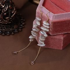 Designer Jewelry Bông Tai Thiết Kế Ngọc Trai Dị Keshi Tự Nhiên Tua Rua Dài Phối Thạch Anh Tím MADAME HIEN PEARLS BTB051