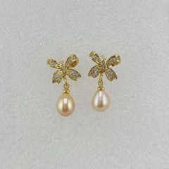 Bông Tai Ngọc Trai Nơ Đá Zircon Tua Rua Hạt Ngọc Trai Giọt Nước Tự Nhiên MADAME HIEN PEARLS BTG090