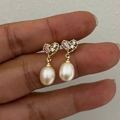 Bông Tai Ngọc Trai Tự Nhiên Mặt Trái Tim Trạm Trỗ Tinh Xảo Đính Pha Lê Nghệ Thuật MADAME HIEN PEARLS Nữ Tính BTG143