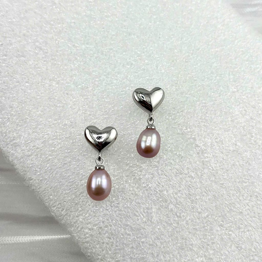 Bông Tai Ngọc Trai Tự Nhiên Mặt Trái Tim Bạc Tua Rua Ngọc Trai Hạt Gạo Đáng Yêu MADAME HIEN PEARLS BTG029