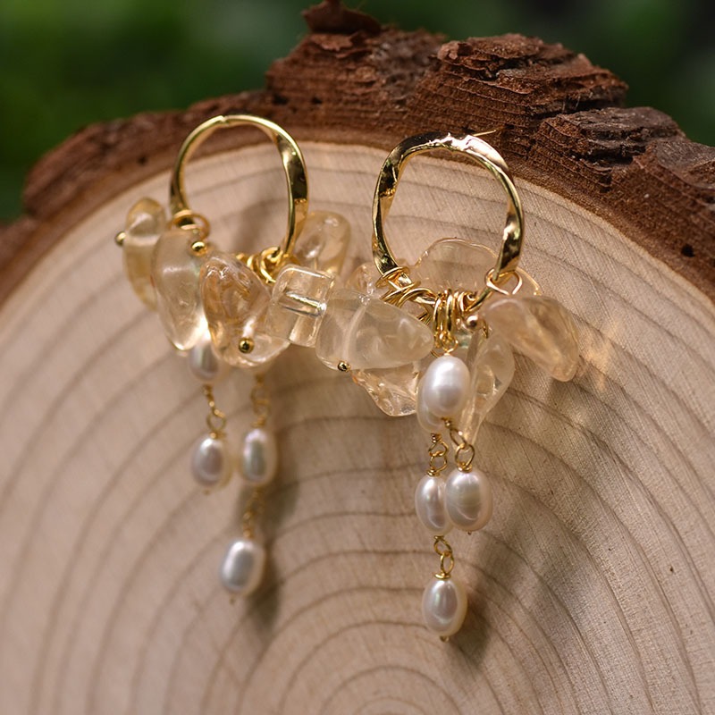 Bông Tai Tua Rua Ngọc Trai Tự Nhiên Mặt Vòng Tròn Đính Đá Tự Nhiên Phong Cách Dream Catcher MADAME HIEN PEARLS Cho Nữ BTG110