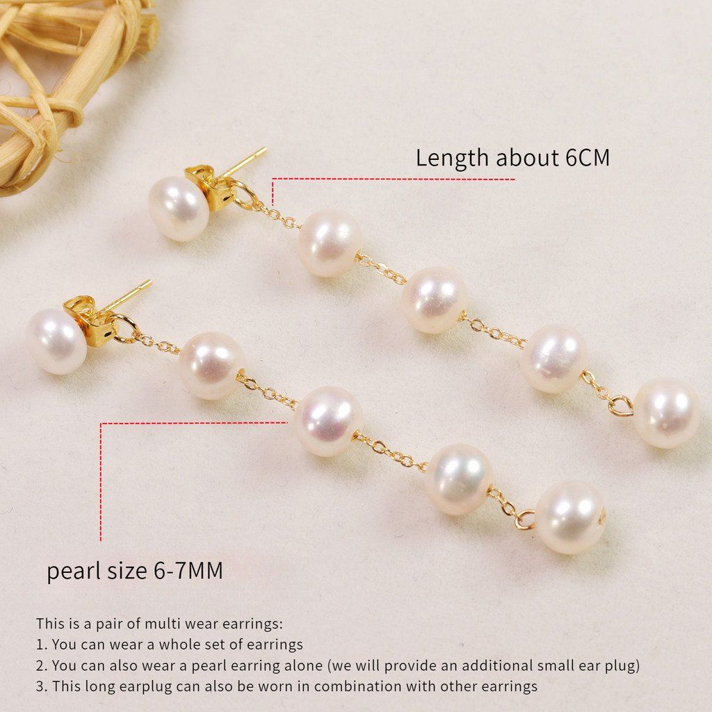 Bông Tai Ngọc Trai Tự Nhiên Tua Rua Dài 5 Hạt MADAME HIEN PEARLS Dễ Thương Cho Nữ BTT091