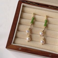 Bông Tai Ngọc Trai Tự Nhiên Tua Rua Đính Cẩm Thạch Dáng Khúc Tre Điệu Đà Xinh Xắn MADAME HIEN PEARLS Thời Trang Nữ Phương Đông BTN206