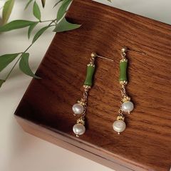 Bông Tai Ngọc Trai Tự Nhiên Tua Rua Đính Cẩm Thạch Dáng Khúc Tre Điệu Đà Xinh Xắn MADAME HIEN PEARLS Thời Trang Nữ Phương Đông BTN206