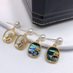 Bông Tai Ngọc Trai Tự Nhiên Khung Kim Bạc s925 Đính Bướm Vỏ Sò Khung Chữ Nhật Sang Trọng BTN051