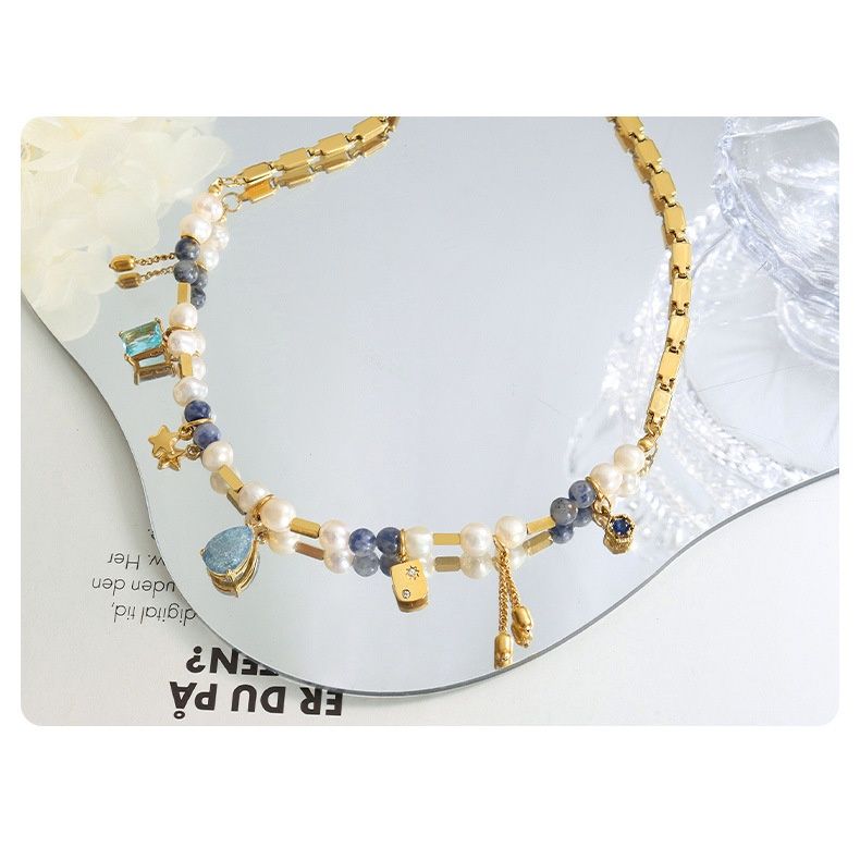 Vòng Cổ Ngọc Trai Tự Nhiên Phối Dây Chuyền Thép Titan Tua Rua Hạt Cham Kiểu Công Chúa MADAME HIEN PEARLS CB022