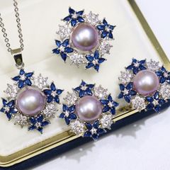 Bộ Set Trang Sức Ngọc Trai Vòng cổ, Nhẫn và Bông Tai Ngọc Trai Tự Nhiên Hoa Tuyết Phối Pha Lê Xanh Hoàng Gia Sang Trọng MADAME HIEN PEARLS Cho Nữ SPS118