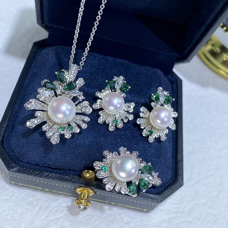 Bộ Set Trang Sức Ngọc Trai Vòng cổ, Nhẫn và Bông Tai Ngọc Trai Tự Nhiên Kim Bạc s925 Dáng Hoa Tuyết Pháo Hoa MADAME HIEN PEARLS Cho Nữ SPS117