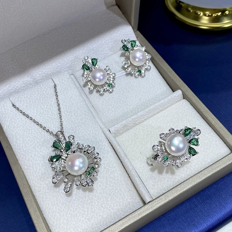 Bộ Set Trang Sức Ngọc Trai Vòng cổ, Nhẫn và Bông Tai Ngọc Trai Tự Nhiên Kim Bạc s925 Dáng Hoa Tuyết Pháo Hoa MADAME HIEN PEARLS Cho Nữ SPS117