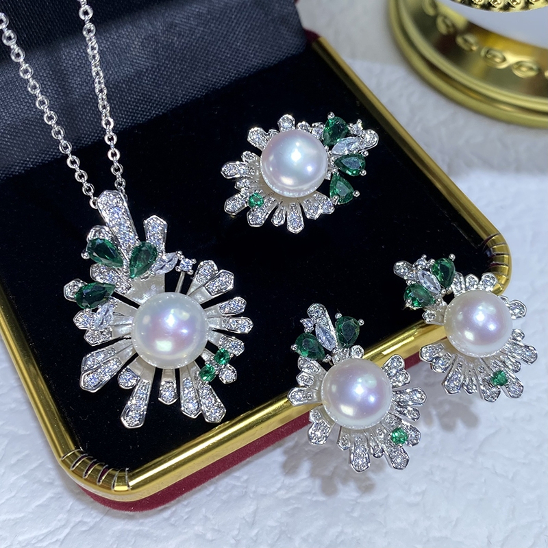 Bộ Set Trang Sức Ngọc Trai Vòng cổ, Nhẫn và Bông Tai Ngọc Trai Tự Nhiên Kim Bạc s925 Dáng Hoa Tuyết Pháo Hoa MADAME HIEN PEARLS Cho Nữ SPS117