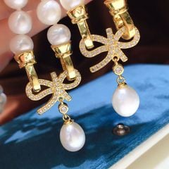 Bộ Set Ngọc Trai Vòng cổ + Vòng Tay Trắng Tự Nhiên 9-10mm Khoá Nơ Vàng Mặt Giọt Nước MADAME HIEN PEARLS SCT004TRV