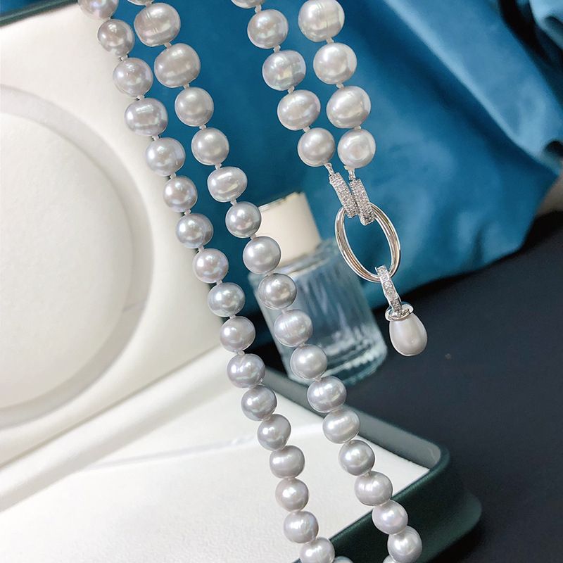 Vòng Cổ Dài Ngọc Trai Tự Nhiên Khoá Mặt Giọt Nước Màu Xám Kim Loại MADAME HIEN PEARLS Cho Nữ CT046
