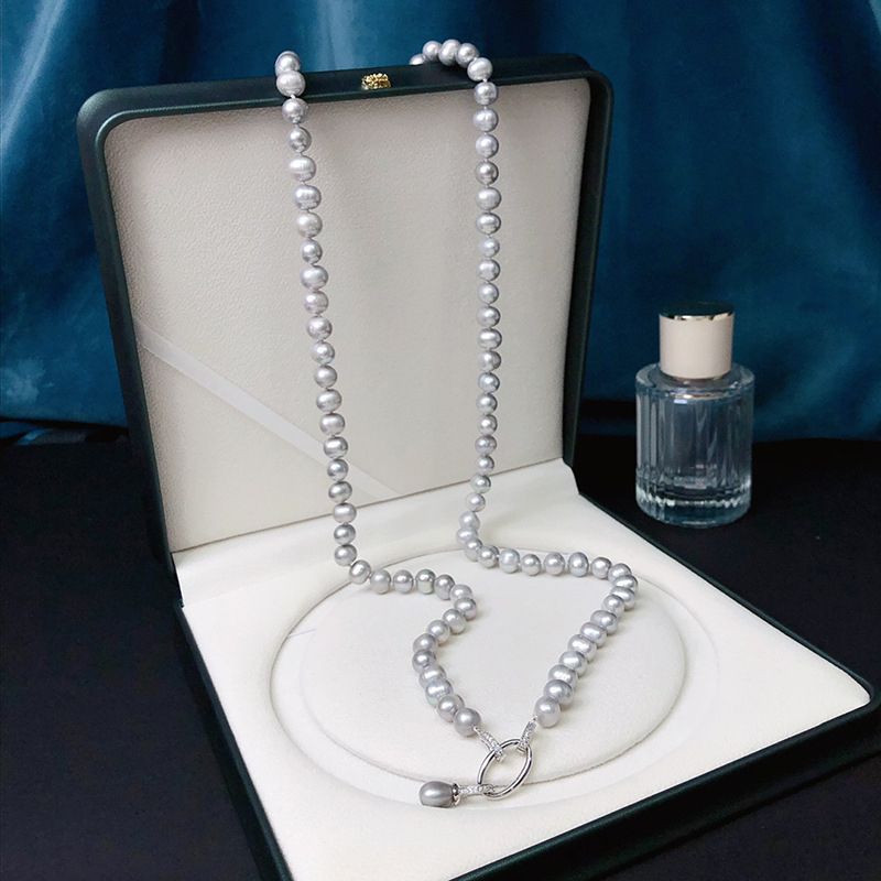 Vòng Cổ Dài Ngọc Trai Tự Nhiên Khoá Mặt Giọt Nước Màu Xám Kim Loại MADAME HIEN PEARLS Cho Nữ CT046