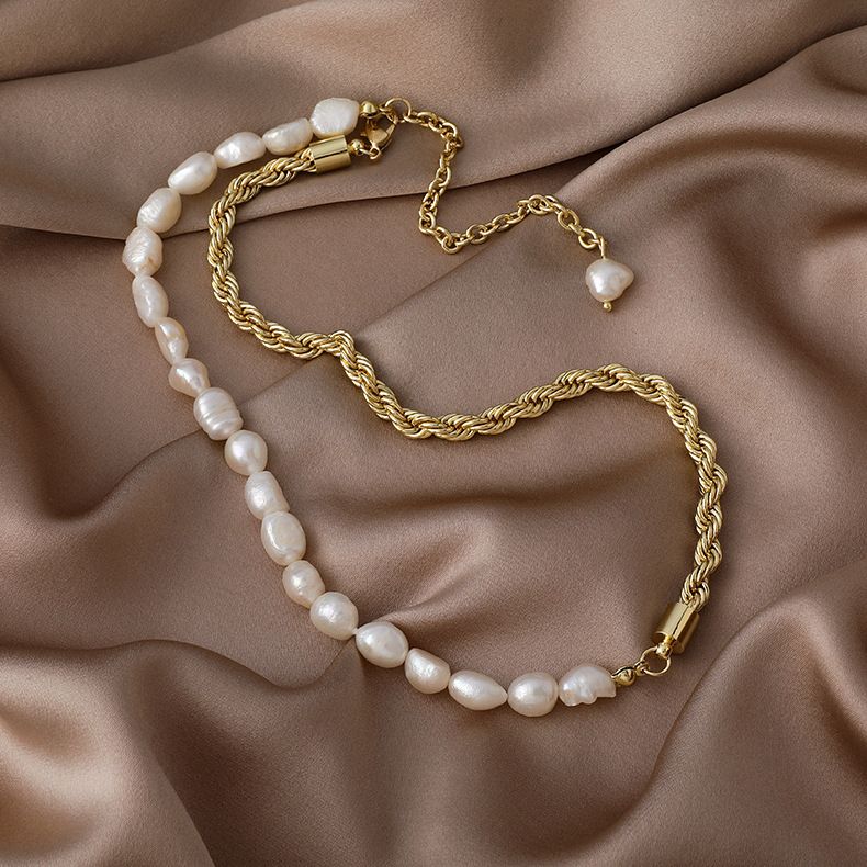 Vòng Cổ Ngọc Trai Tự Nhiên Phối Dây Chuyền Xoắn Thời Trang Nam Tính MADAME HIEN PEARLS CB021