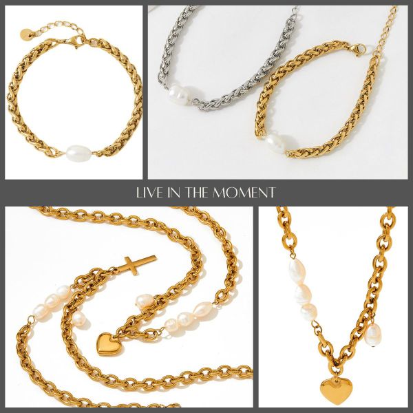 Bộ Vòng Cổ Chocker và Vòng Tay Dây Thép Mắc Xích Mặt Trái Tim Phối Ngọc Trai Cá Tính Mạnh MADAME HIEN PEARLS SPS058B