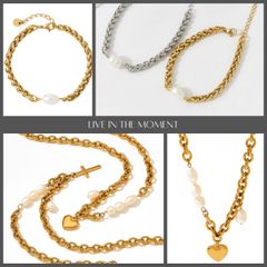 Bộ Vòng Cổ Chocker và Vòng Tay Dây Thép Mắc Xích Mặt Trái Tim Phối Ngọc Trai Cá Tính Mạnh MADAME HIEN PEARLS SPS058B