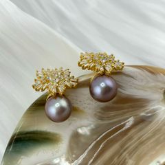 Bông Tai Khung Bạc Ý s925 Mạ Vàng Thật 18k Mặt Hoa Hướng Dương Nở Đính Ngọc Trai Tím 11mm Hạt Tròn Đẹp Grade AAA MADAME HIEN PEARLS BMVBTT011TV