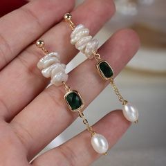 Designer Jewelry Bông Tai Kim Bạc s925 Thả Tua Rua Ngọc Trai Tự Nhiên Retro Baroque Dài Phối Kim Ngọc Lục Bảo MADAME HIEN PEARLS Cho Nữ